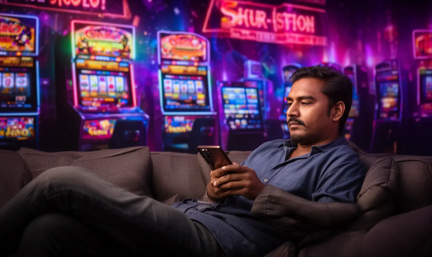 Relaxed Bangladeshi player enjoying the 57BD casino app on his phone while lounging on a sofa with colorful slot machines glowing behind him