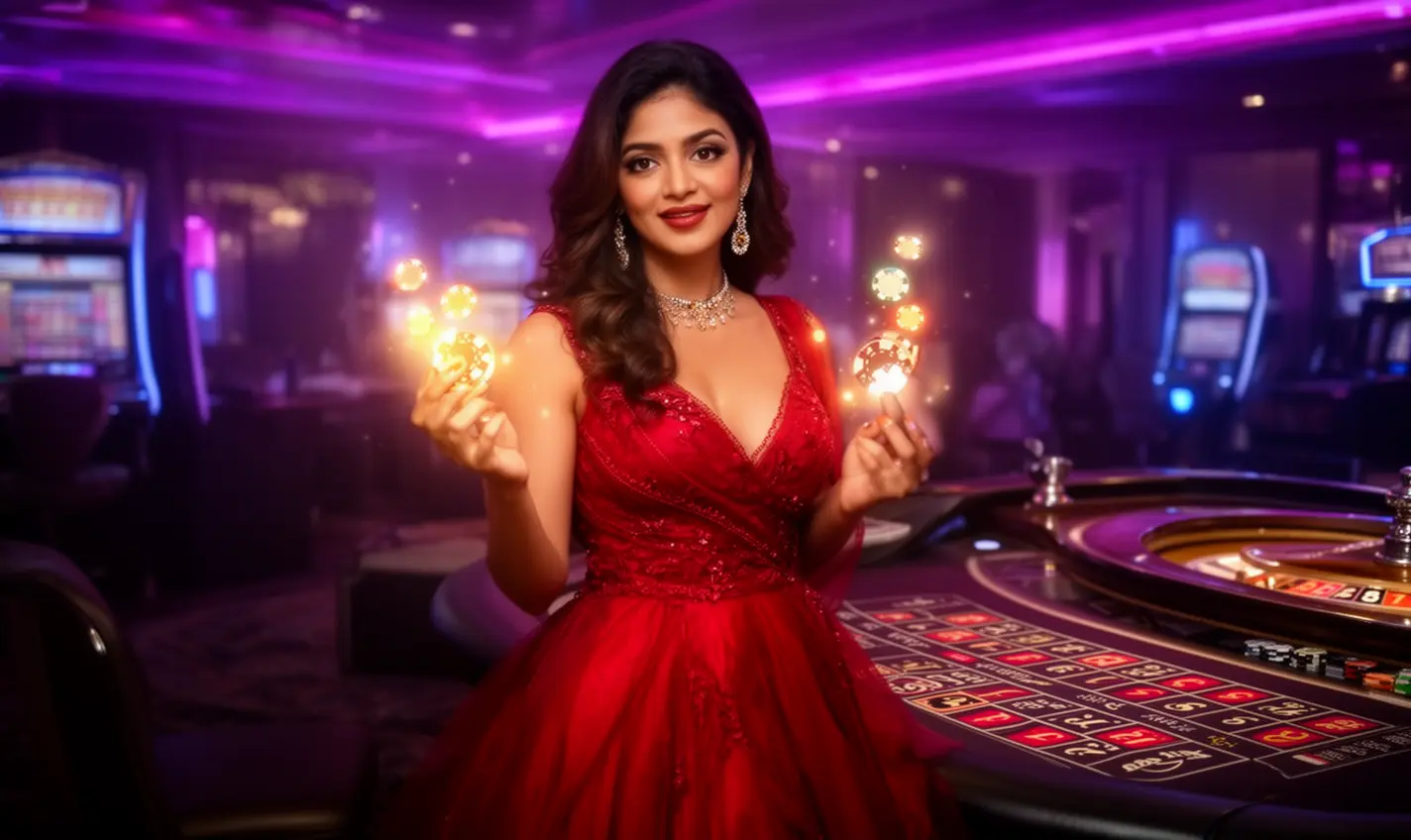 Confident casino player holding stacked chips in a vibrant gaming hall showcasing the premium atmosphere of 57BD online casino for Bangladeshi users