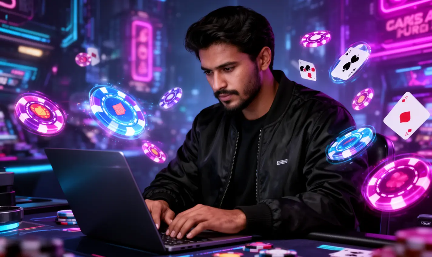 Stylish casino gamer in a dark jacket playing online games with floating poker chips and cards in a neon casino style scene on 57BD in Bangladesh